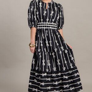 Umgee Womens Bow Tie Print Notched Contrast Velvet Trim Dress Ruffle Cotton Sz L